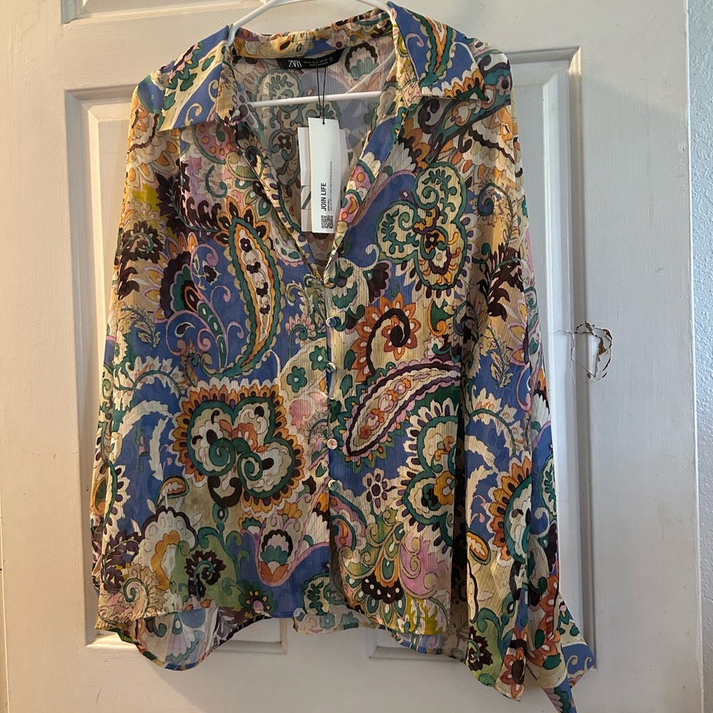 Zara Multicolor Paisley Button-Up Blouse